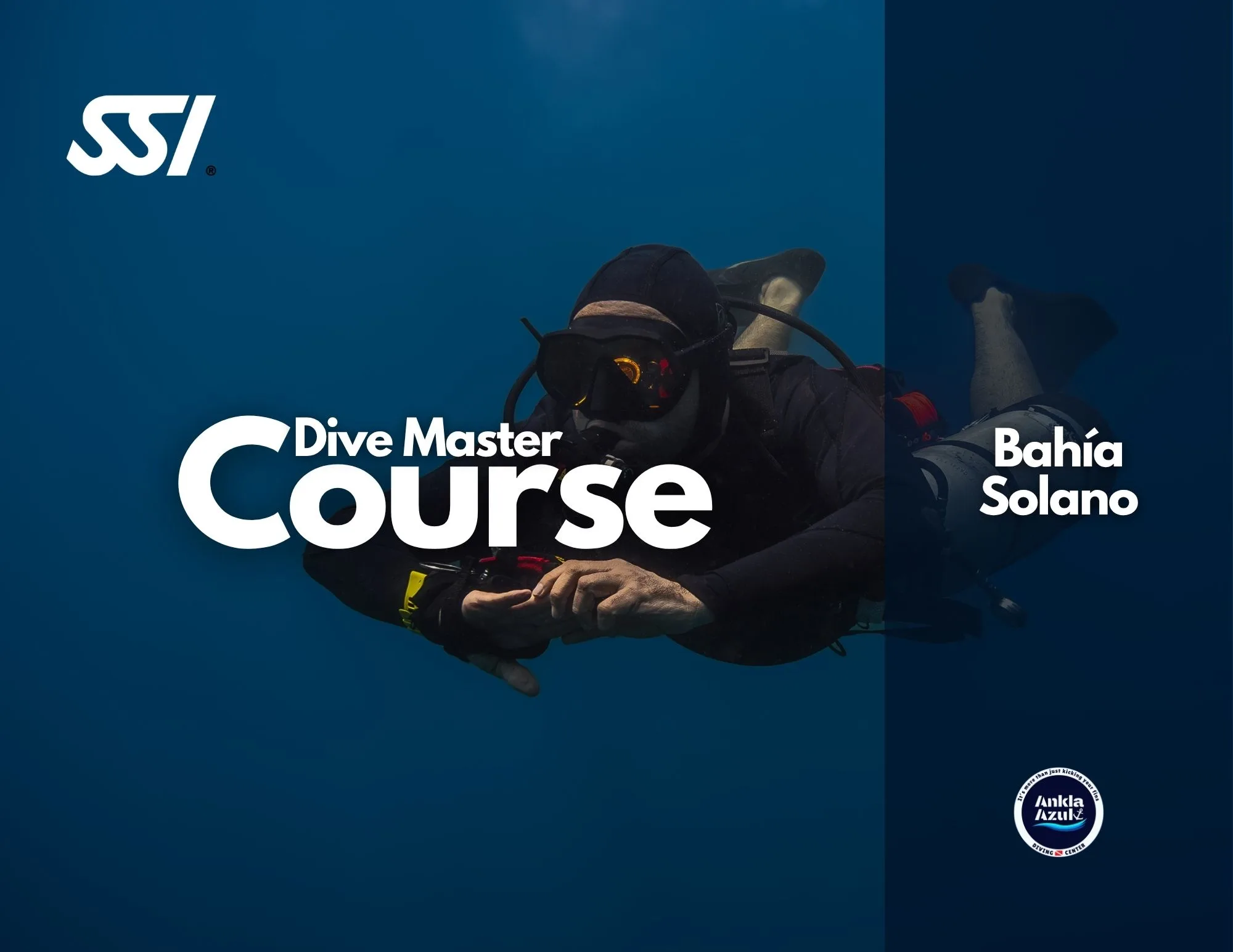 Promotional cover for the SSI Dive Master Course in Bahía Solano, featuring a scuba diver checking their dive computer while swimming horizontally through deep blue water.